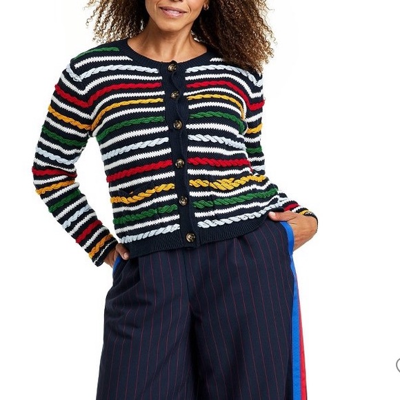 π LA LIGNE x Target Women's Textured Striped Cardigan Sweater Navy Red Yellow - Picture 10 of 17